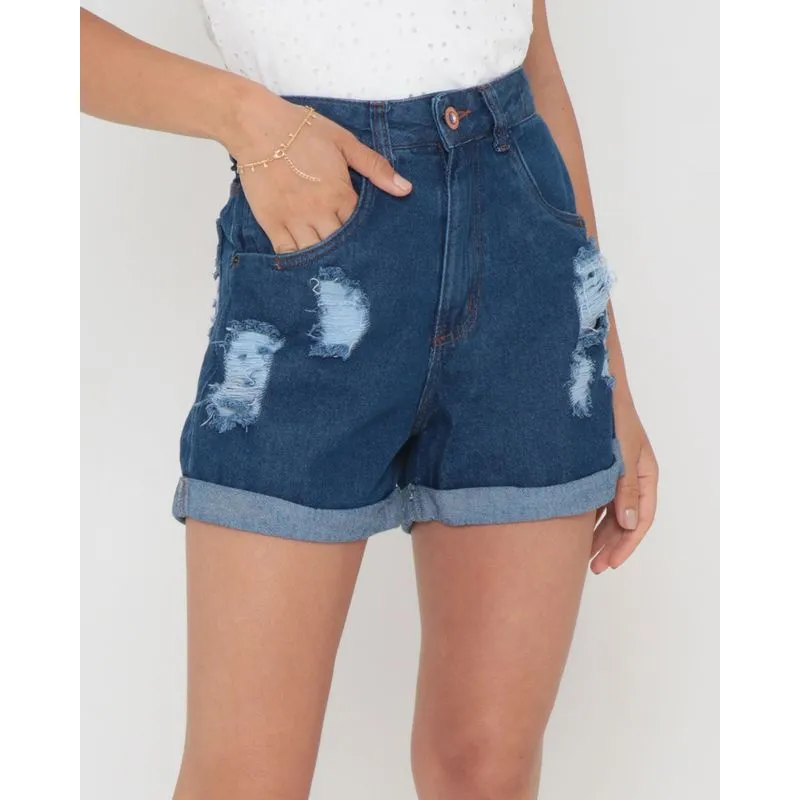 Short Jeans Mom Feminino Destroyed Azul 44