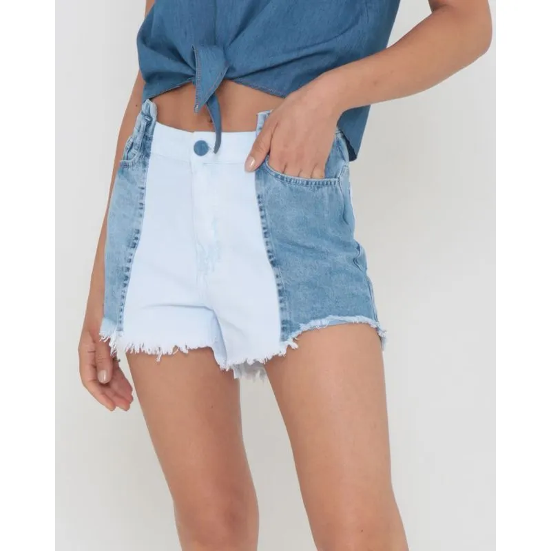 Short Jeans Feminino Blocado Recortes Azul Claro 44