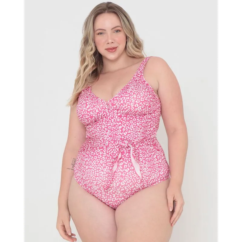 Maiô Plus Size Feminino Frente Única Animal Print Rosa 48
