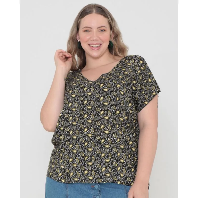 Blusa Plus Size Manga Morcego Paisley Preta G2