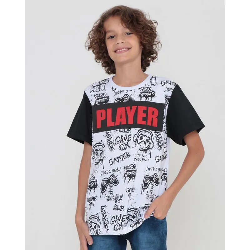 Camiseta Juvenil Manga Curta Estampa Game Branca 10