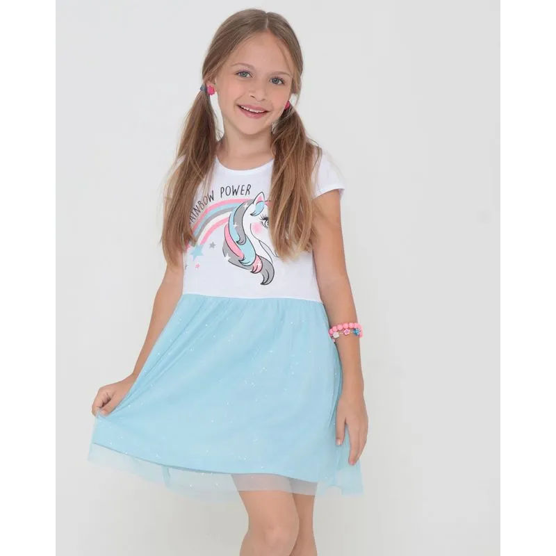 Vestido Infantil Tule E Glitter Estampa Unicórnio Branco 4