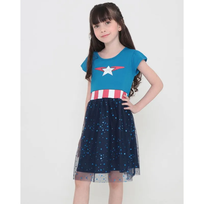 Vestido Infantil Tule Capitão América Marvel Azul 10