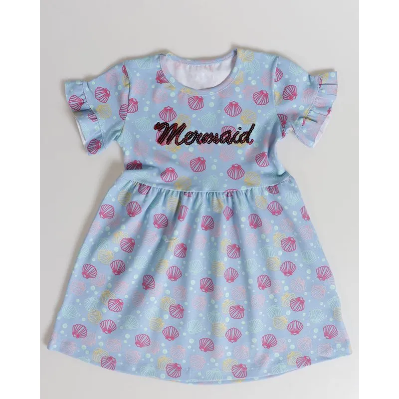 Vestido Bebê Estampa Mar Com Paetês Azul Claro 1