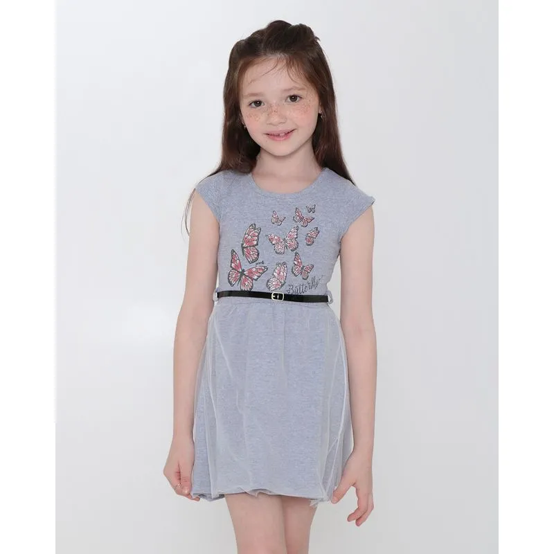 Vestido Infantil Com Tule E Cinto Borboletas Cinza Claro 6