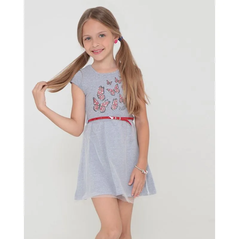 Vestido Infantil Com Tule E Cinto Borboletas Cinza 6