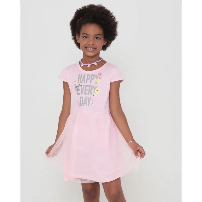 Vestido Infantil Com Tule Estampado Rosa 4