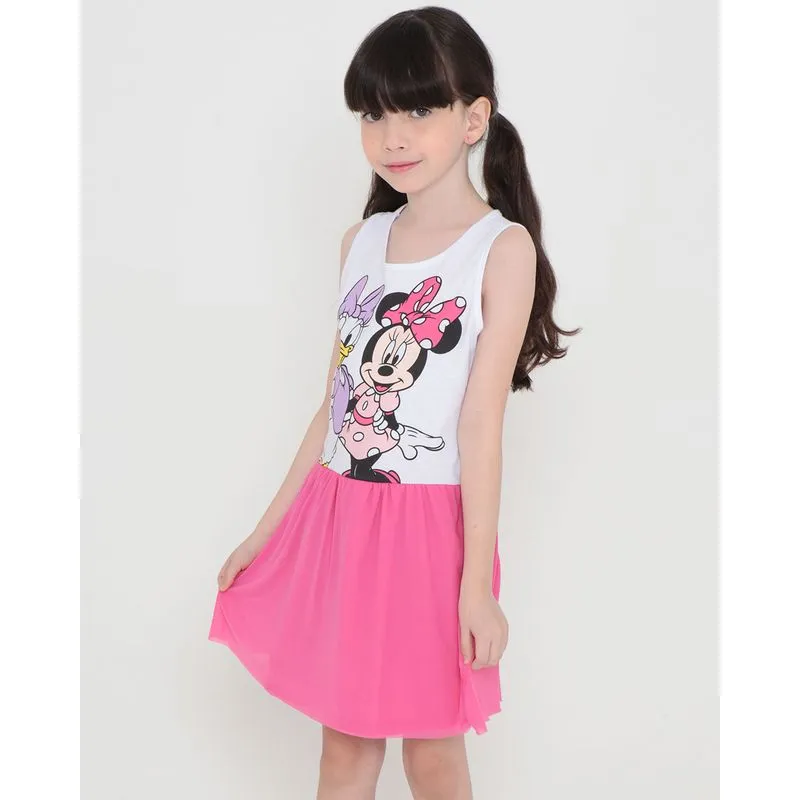 Vestido Infantil Tule Estampa Minnie Margarida Disney Branca 10