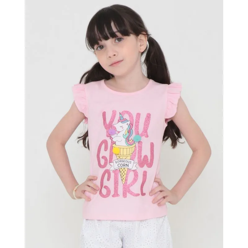 Blusa Infantil Com Babados Estampa Unicórnio Rosa Claro 8