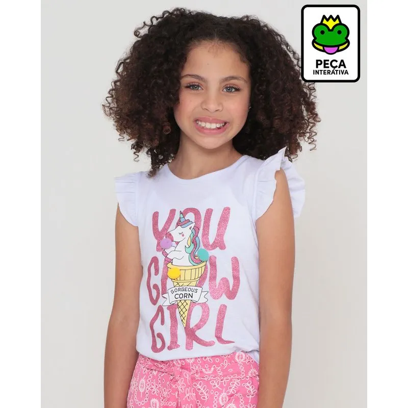 Blusa Infantil Com Babados Estampa Unicórnio Branco 6