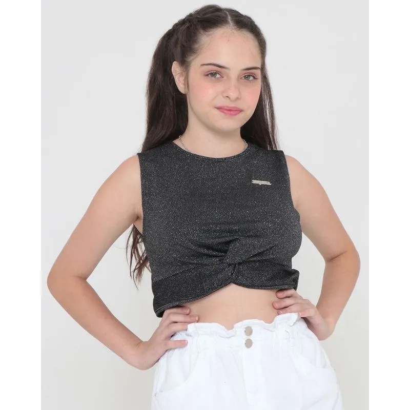 Regata Cropped Juvenil Lurex Detalhe Nó Preta 10
