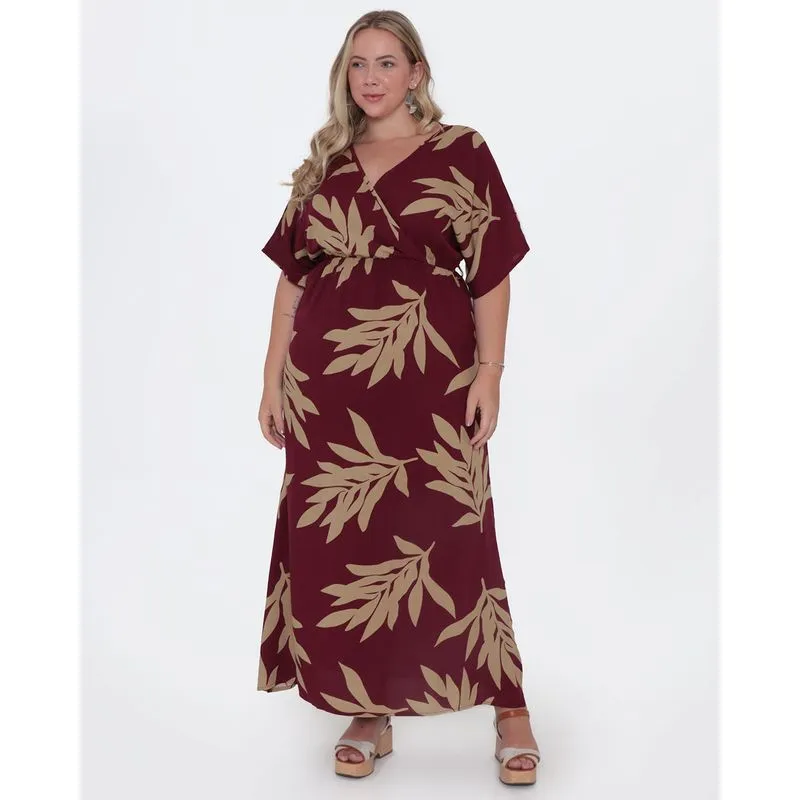 Vestido Plus Size Longo Estampado Vinho G1