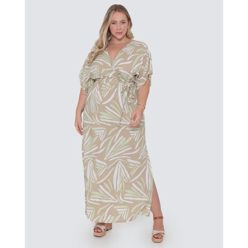 Vestido Plus Size Longo Estampado Bege G1