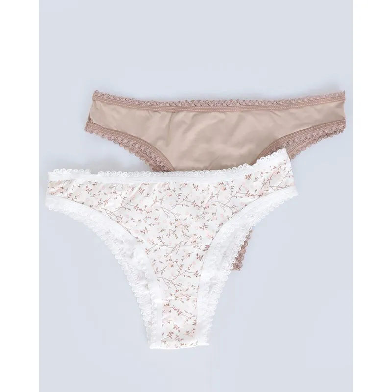 Kit 2 Calcinhas Biquíni Lisa e Estampada Bege e Off White P