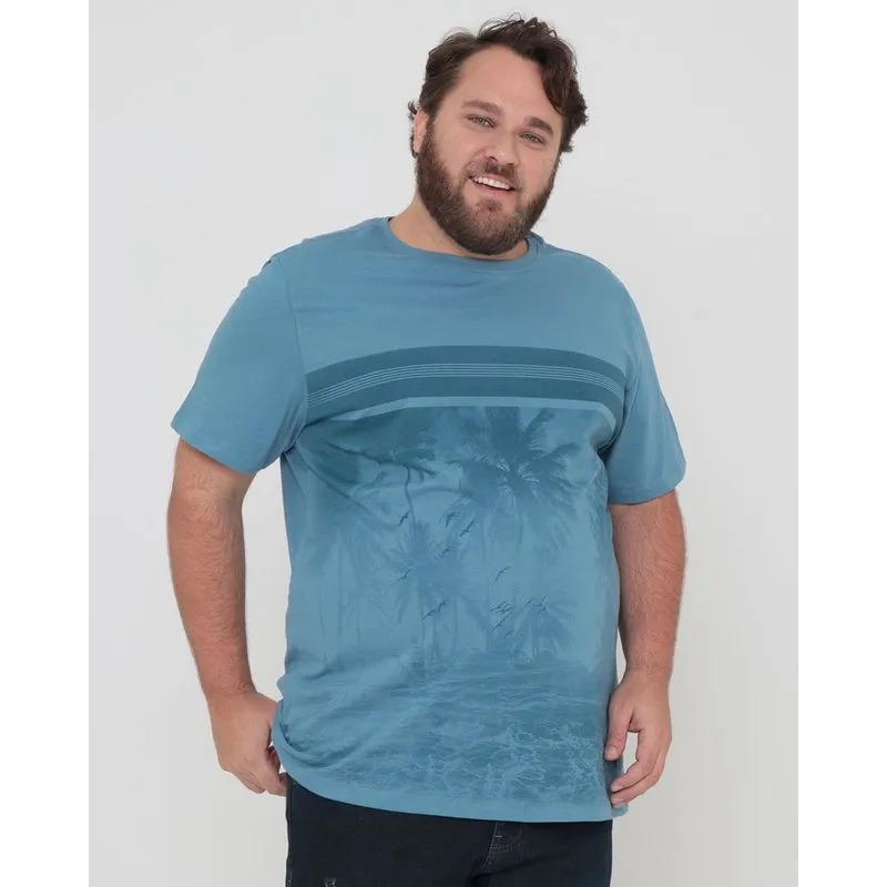 Camiseta Plus Size Manga Curta Estampada Azul G1