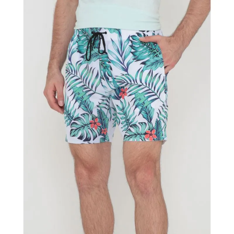 Short Surf Estampa Folhas Branco P