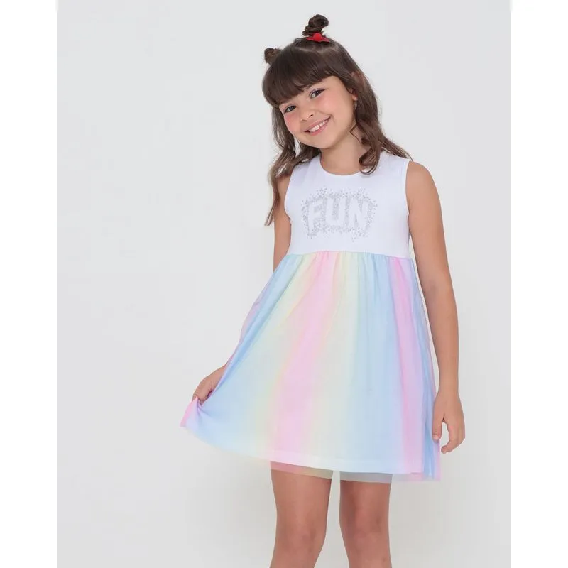 Vestido Infantil Com Tule Colorido Brilho Branco 4