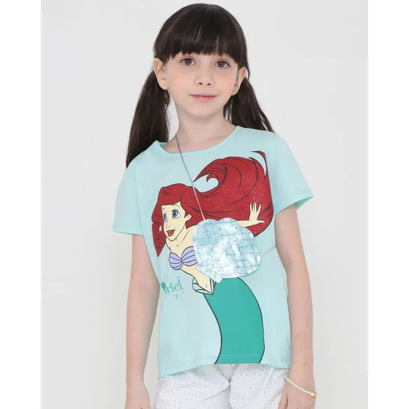Blusa Infantil Com Brinde Bolsa Pequena Sereia Disney Verde 8