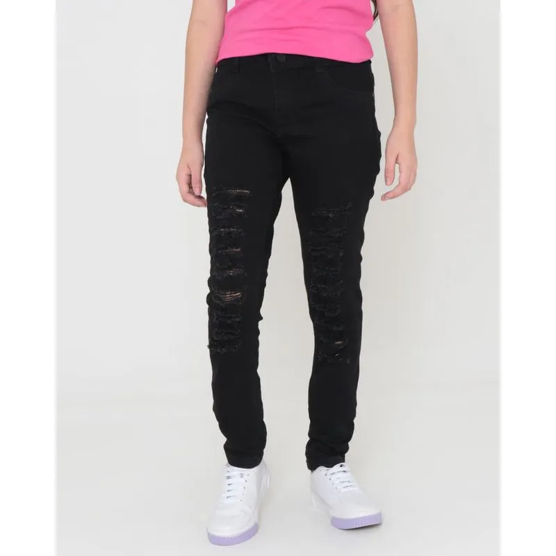 Calça Juvenil Sarja Skinny Destroyed Preta 10