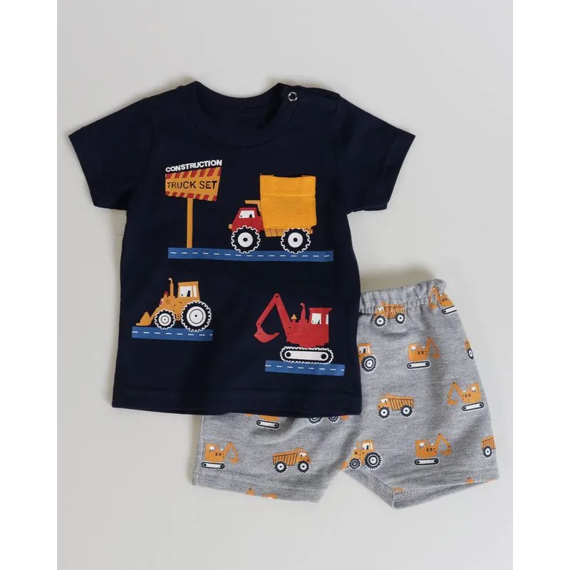 Conjunto Bebê Estampa Trator Marinho e Cinza M