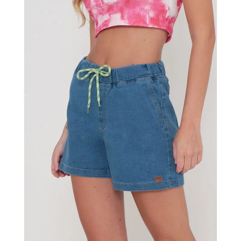 Short Jeans Feminino Reto Cordão Neon Azul 44