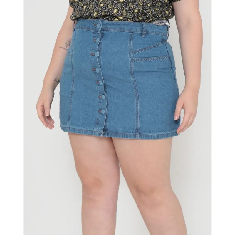 Saia Jeans Plus Size Botões Azul 48