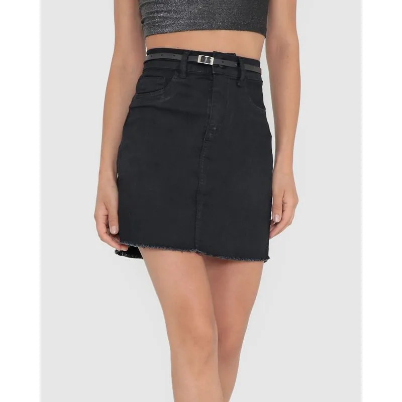 Saia Jeans Barra Desfiada Com Cinto Preta 40