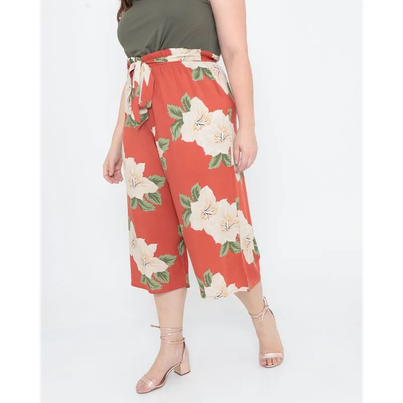 Calça Feminina Pantacourt Plus Size Floral Laranja 19762000001080UN