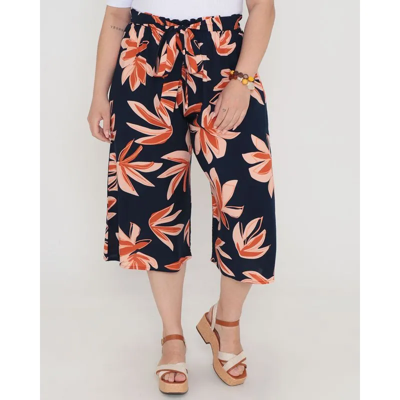 Calça Feminina Pantacourt Plus Size Floral Azul Marinho G1