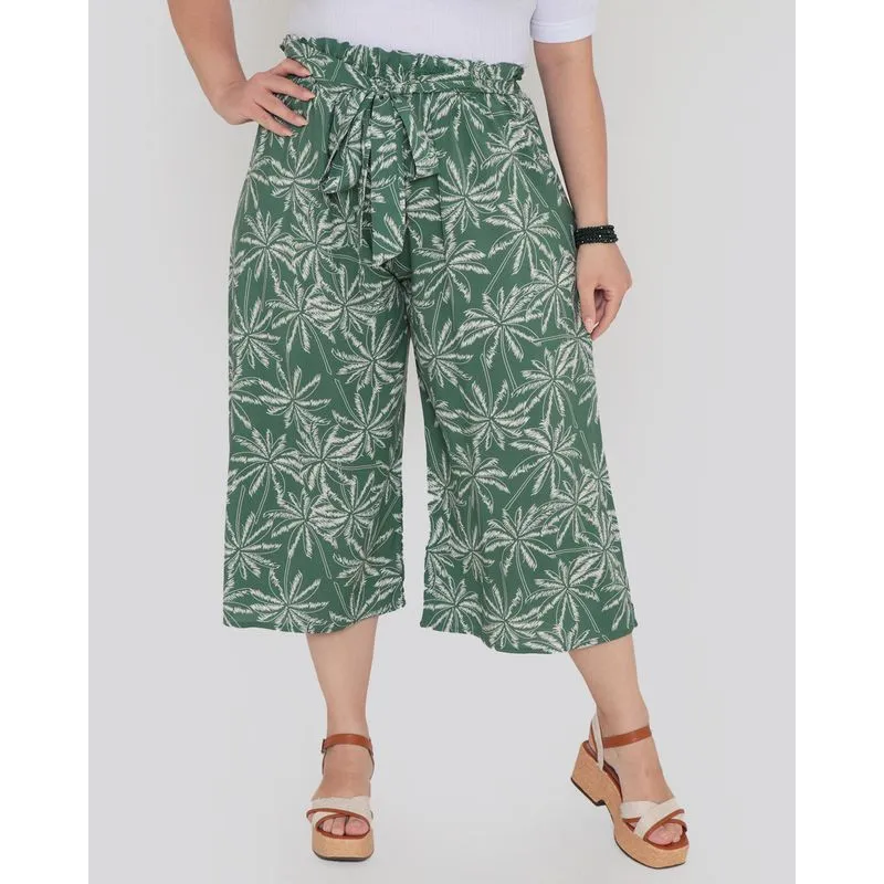 Calça Feminina Pantacourt Plus Size Floral Verde G3