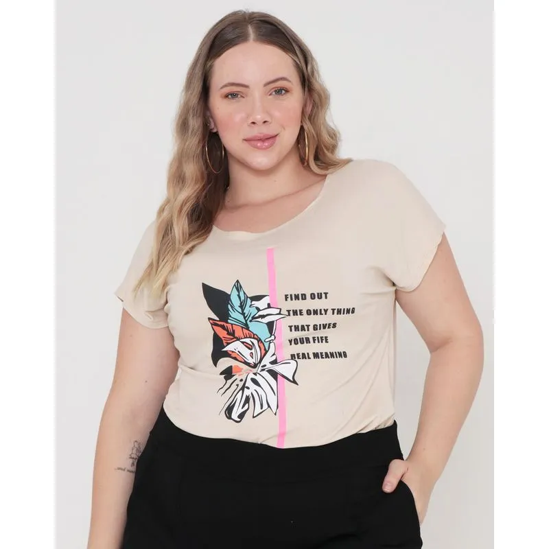 Blusa Plus Size Manga Japonesa Estampa Colorida Bege G2