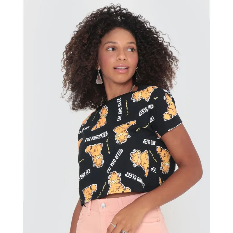 Blusa Cropped Estampa Garfield Gangster Preto G