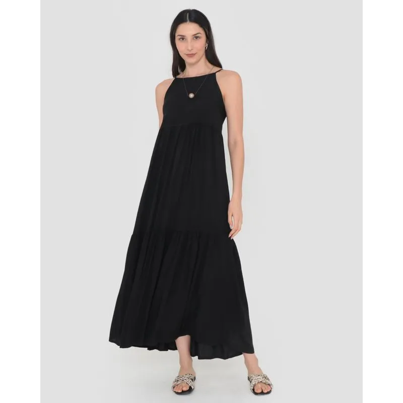 Vestido Longo Alcinha Com Babados Preto P