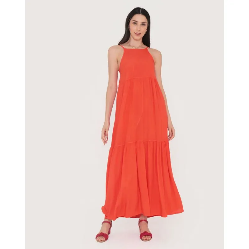 Vestido Longo Alcinha Com Babados Laranja M