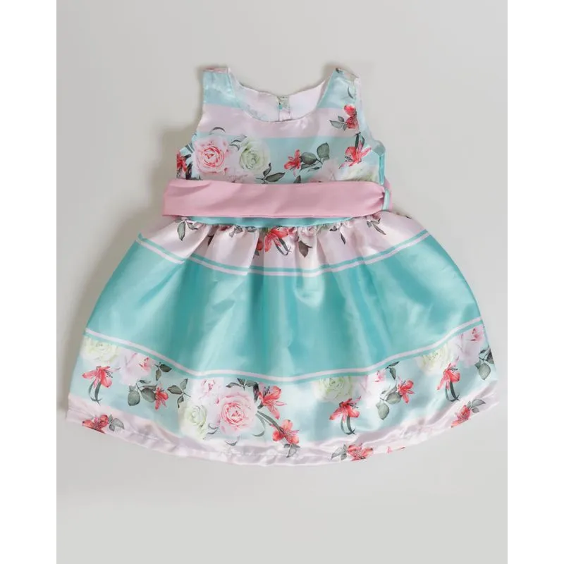 Vestido Bebê Cetim Estampa Floral Off White e Verde 3