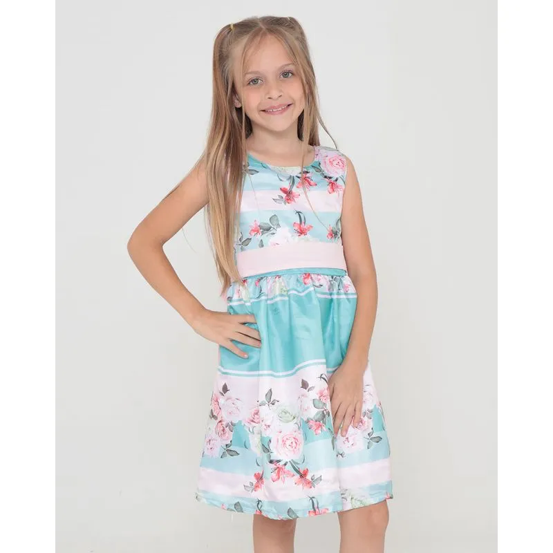 Vestido Infantil Cetim Estampa Floral Verde E Rosa 8