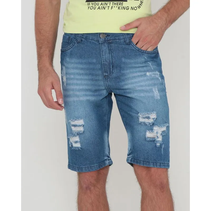 Bermuda Jeans Masculina Destroyed Azul 48