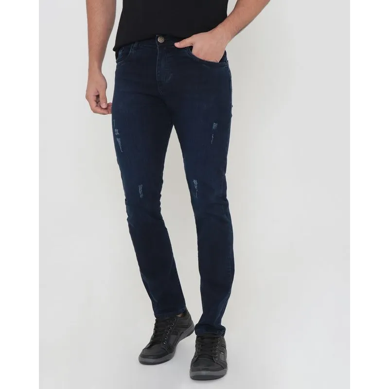 Calça Jeans Masculina Slim Com Puídos Azul Escuro 38