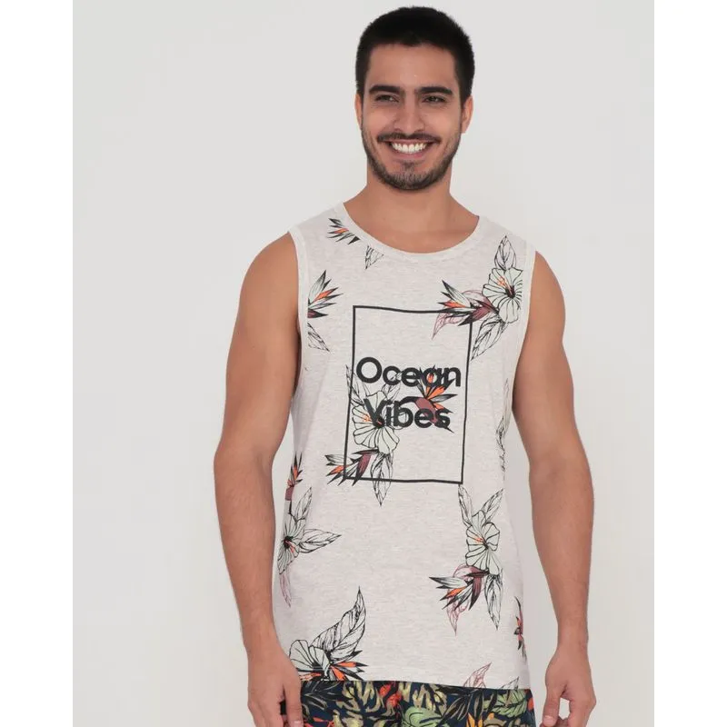 Regata Estampa Floral Cinza Claro P