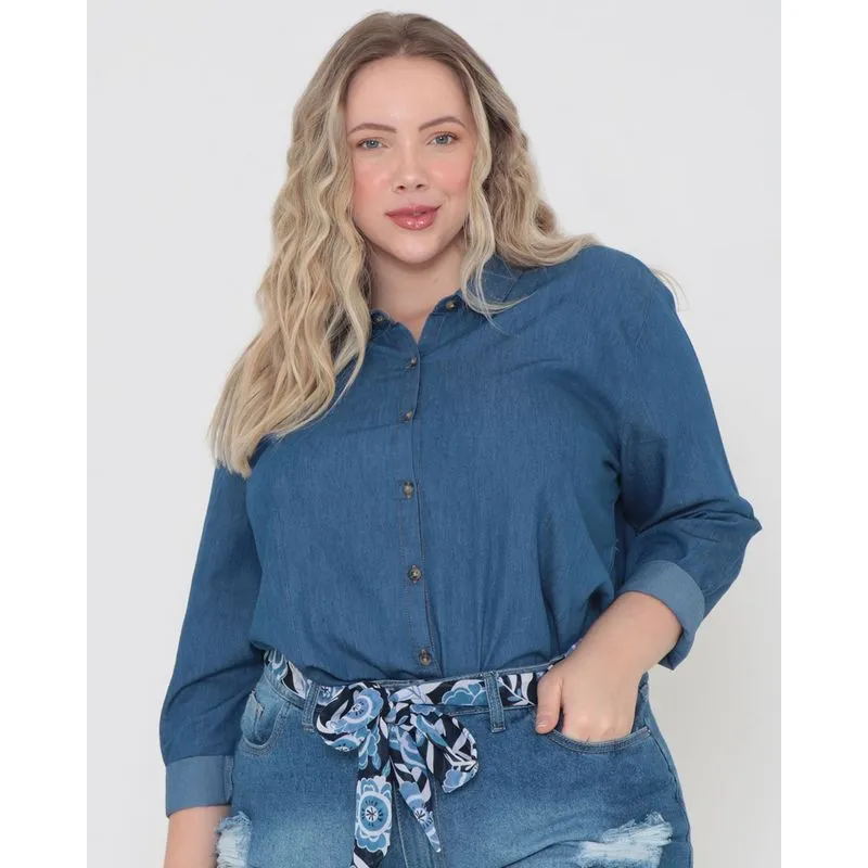 Camisa Jeans Feminina Plus Size Azul Claro G2