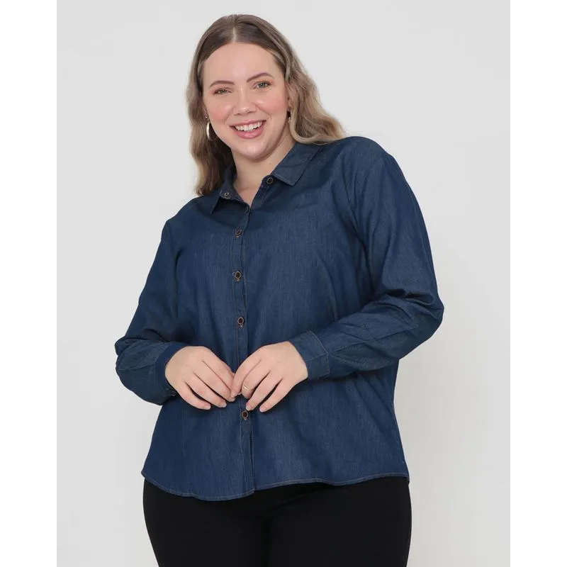 Camisa Jeans Feminina Plus Size Azul Escuro G2