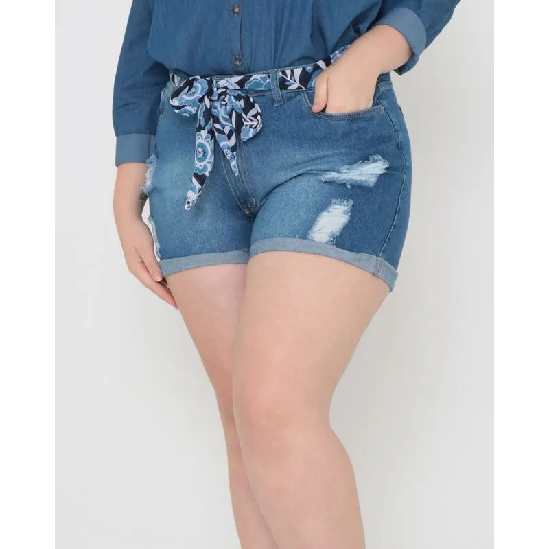 Short Jeans Feminino Plus Size Destroyed Cinto Azul 50