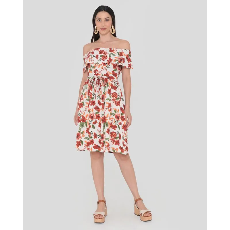 Vestido Ciganinha Floral Off White P