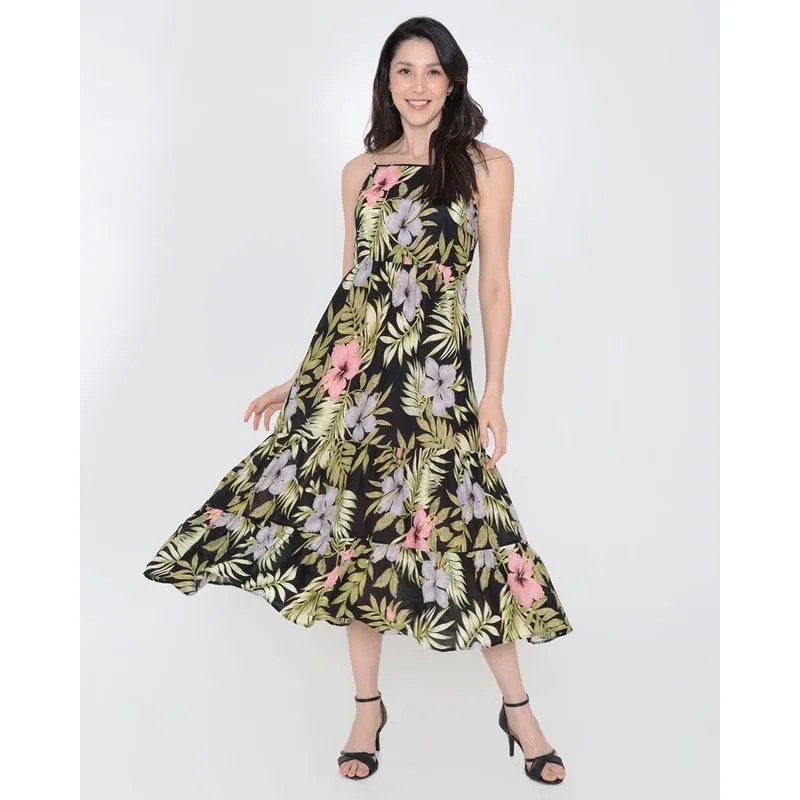 Vestido Alcinha Midi Estampado Floral Preto G