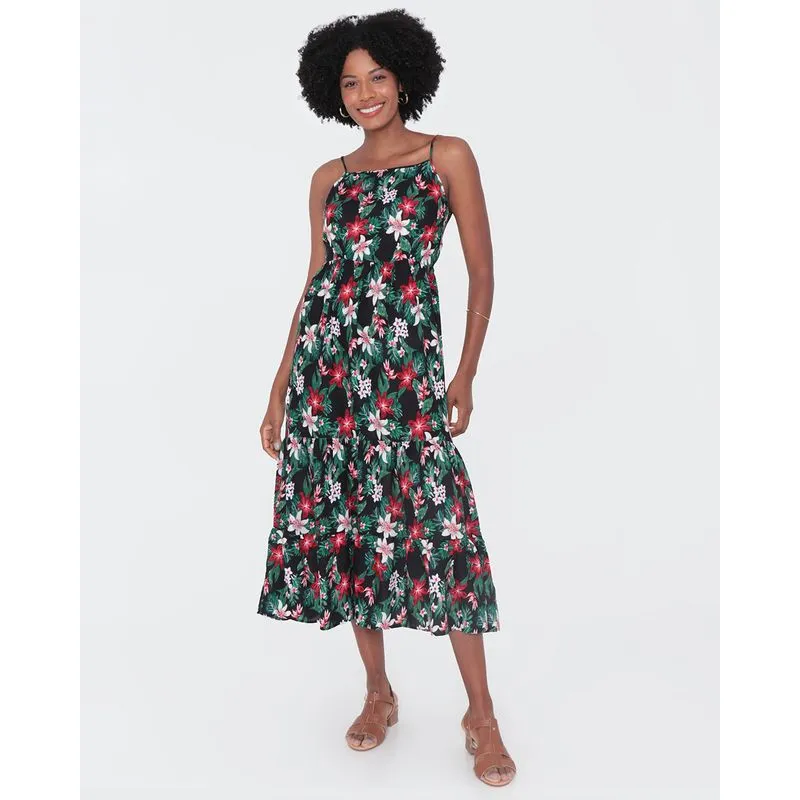 Vestido Alcinha Midi Estampado Preto P