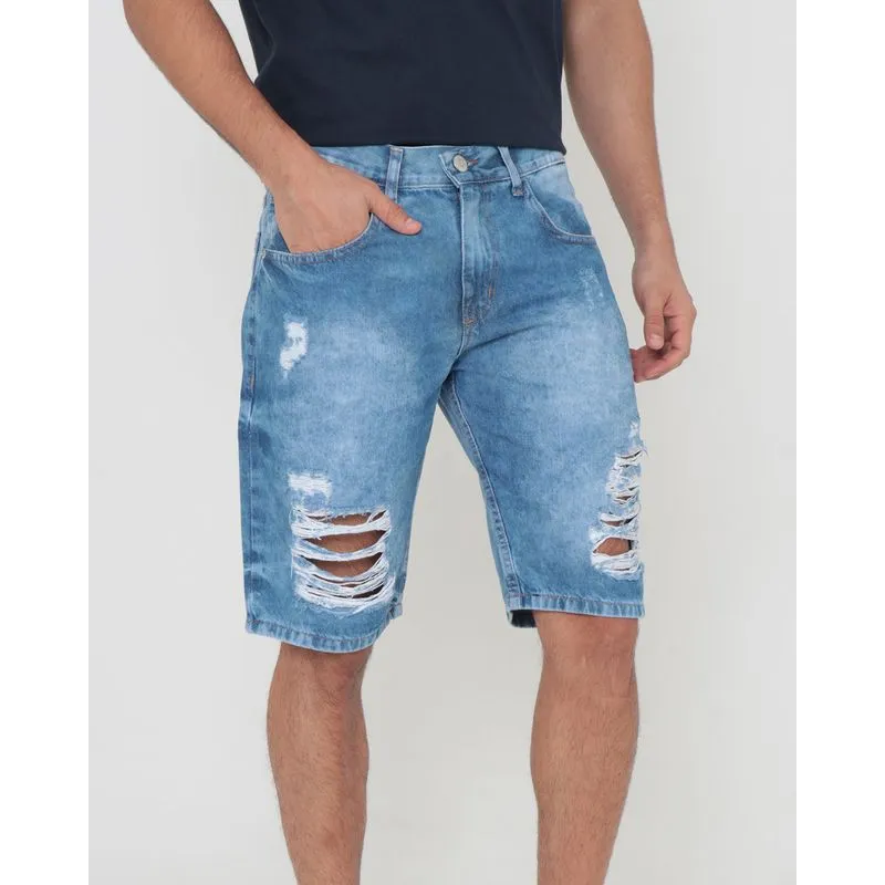 Bermuda Jeans Masculina Destroyed Azul 42