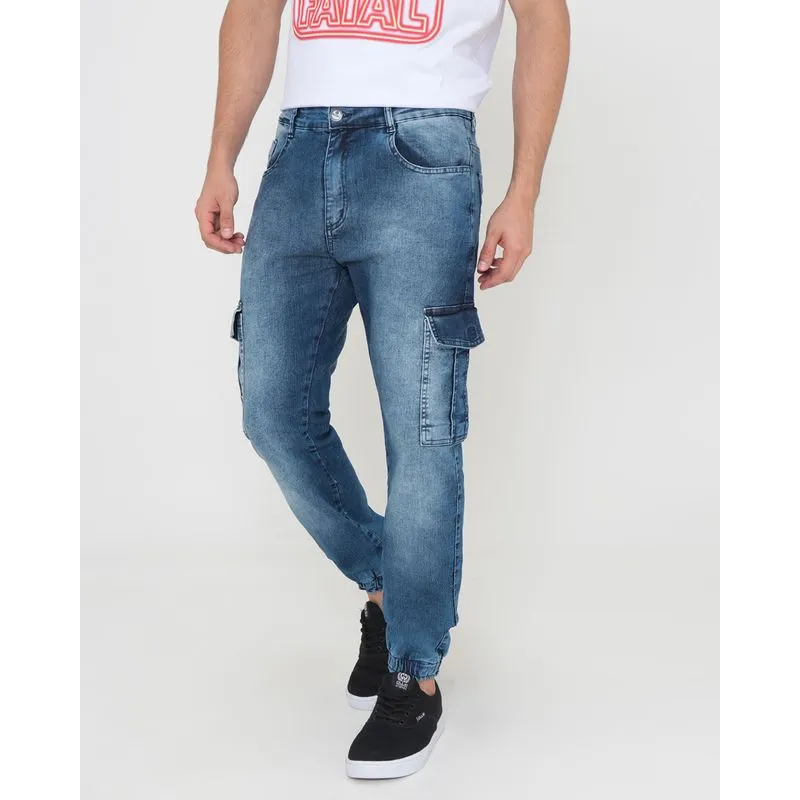 Calça Jeans Masculina Jogger Cargo Azul 46