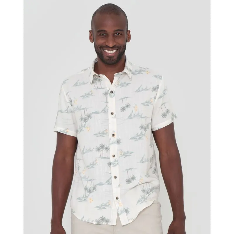 Camisa Masculina Viscolinho Estampa Coqueiros Branca P