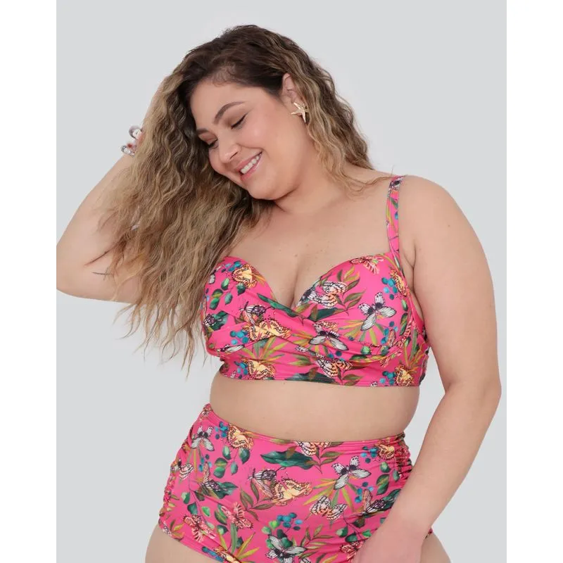 Biquíni Avulso Top Plus Size Com Bojo Trançado Floral Rosa 48