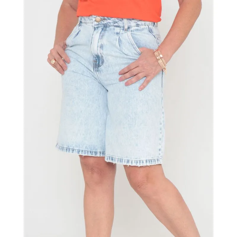 Bermuda Jeans Feminina Vintage Estonada Azul Claro 42